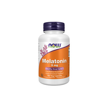 A bottle of Now Foods Melatonin 5 mg, 180 vegetarian capsules, supports a healthy sleep cycle and immune system.
